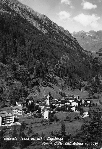 Cartolina Valprato Soana panorama paese e Colle dell'Arietta 1955