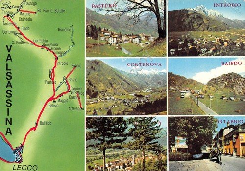 Cartolina Valsassina vedute varie località e mappa segnata (Lecco)