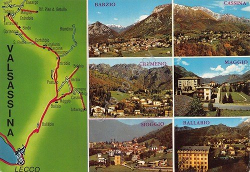 Cartolina Valsassina vedute varie località mappa (Lecco)