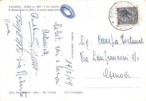 Cartolina Valseria Mera Seggiovia e Monte Rosa 1959
