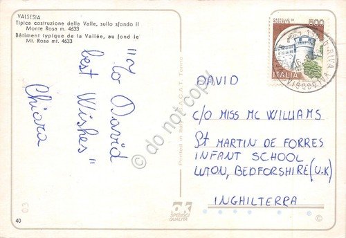 Cartolina Valsesia tipica costruzione della valle Monte Rosa 1988 (Vercelli)