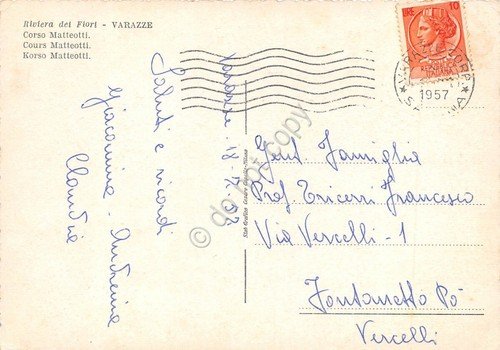 Cartolina Varazze Corso Matteotti Distributore Esso animata 1957