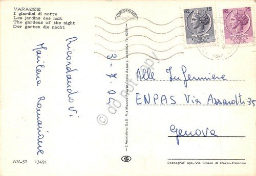 Cartolina Varazze i Giardini illuminati notturno 1974 (Savona)