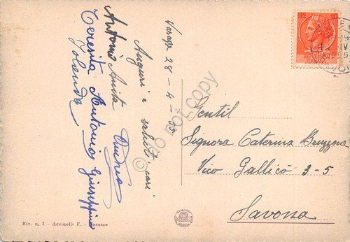 Cartolina Varazze Piazza N. Bovani animata Bar Miramare 1955