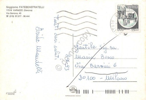 Cartolina Varazze Soggiorno Fatebenefratelli statua 1993 (Savona)