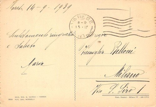 Cartolina Varese Piazza Monte Grappa Torre Littoria notturno 1939