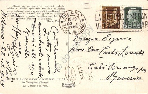 Cartolina Venegono Seminario Arcivescovile Milanese Pio XI illustrata 1939