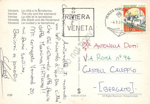 Cartolina Venezia Città e terraferma anni '90 timbro Riviera Veneta | Immagine Gallery 2
