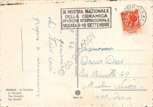 Cartolina Venezia la gondola illustrata timbro filatelico IX Mostra ceramica