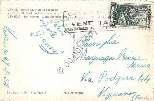 Cartolina Venezia Panorama dall'alto Bacino S. Marco 1952