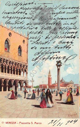 Cartolina Venezia Piazzetta san Marco illustrata Trevisan animata 1904