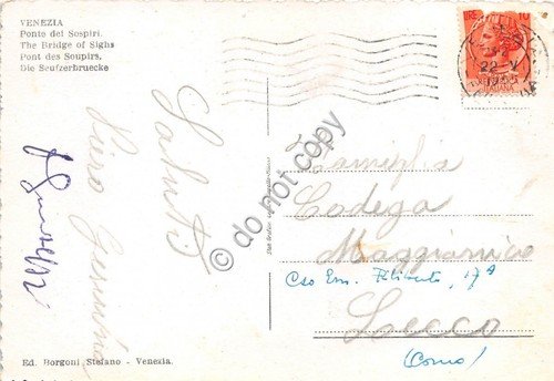 Cartolina Venezia Ponte dei Sospiri gondola 1955