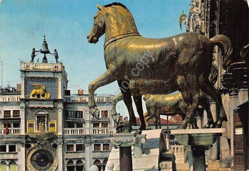 Cartolina Venezia torre dell'orologio e cavalli Basilica San Marco 1972