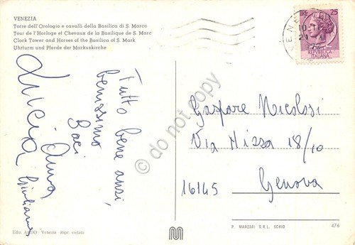 Cartolina Venezia torre dell'orologio e cavalli Basilica San Marco 1972