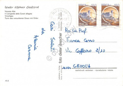 Cartolina Venosta Alta Campanile della Curon allagata (Bolzano)