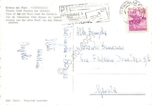 Cartolina Ventimiglia città vecchia dai giardini Timbro PT 1962 (Imperia)