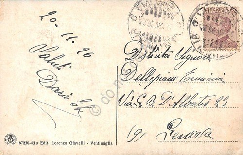 Cartolina Ventimiglia Via Roma Palazzo delle Poste Illustrata 1926