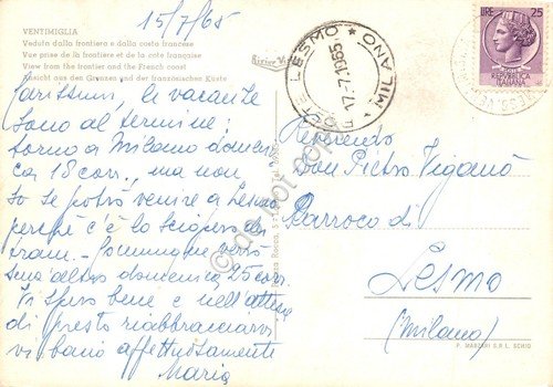 Cartolina Ventimiglia vista frontiera e costa francese 1965 (Imperia)