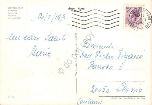 Cartolina Ventimigllia Notturno 1970 (Imperia)