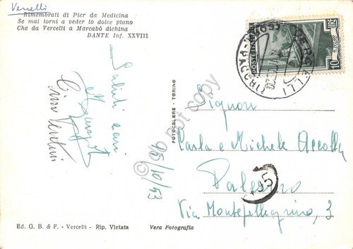 Cartolina Vercelli Basilica S. Andrea 1953 al retro Dante