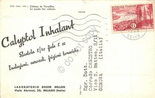 Cartolina Versailles Musee des voitures Calyptol Inhalant Laboratorio Bellon '56