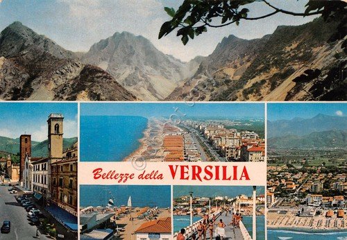 Cartolina Versilia vedute varie aerea panorama paese 1980