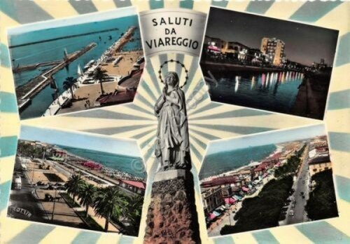 Cartolina Viareggio vedute varie sfondo grafica