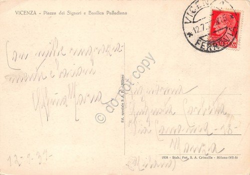 Cartolina Vicenza Piazza dei Signori Basilica Palladiana 1937