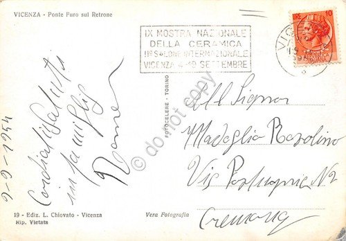 Cartolina Vicenza Ponte Furo sul Retrone 1954