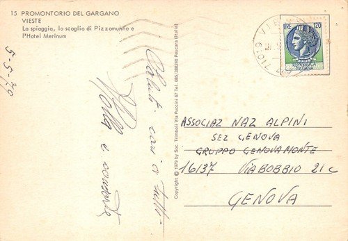 Cartolina Vieste Gargano Spiaggia Scoglio di Pizzamunno Hotel Merinum 1979 | Immagine Gallery 2