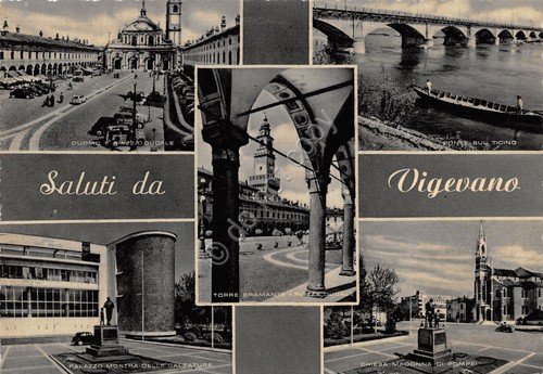 Cartolina Vigevano vedute varie palazzo calzature ponte chiesa | Immagine principale