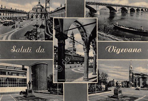 Cartolina Vigevano vedute varie Ponte Ticino Torre Chiesa Duomo Palazzo | Immagine principale
