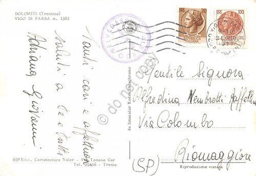 Cartolina Vigo di Fassa via del paese Timbro Albergo Belvedere …