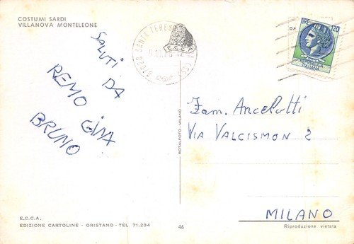 Cartolina Villanova Monteleone costumi sardi uomo donna 1978 gradinata chiesa