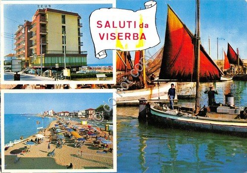 Cartolina Viserba vedutine Hotel Zeus barca pescatori 1970 (Rimini)