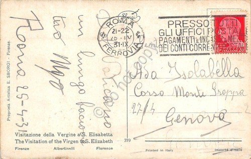 Cartolina visitazione Vergine e Santa Elisabetta timbro a targhetta postali …
