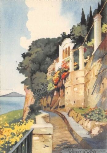 Cartolina Visoni d'Arte passeggiata a mare illustrata Frattini