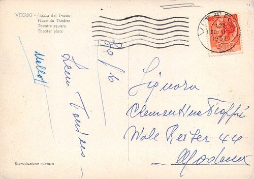 Cartolina Viterbo Piazza del Teatro Pubblicità Singer 1957
