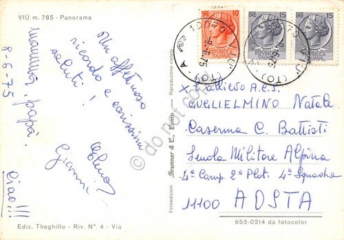 Cartolina Viù panorama con fiori 1975