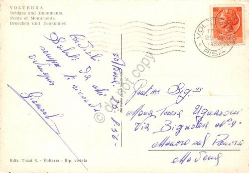 Cartolina Volterra Ponti e Monumenti auto d'epoca animata 1956