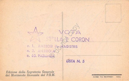 Cartolina Vota Stella e Corona Lista 5 Movimento giovanile PNM …