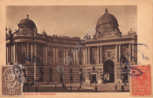 Cartolina Wien Michaelerplatz 1920 francobolli 30 e 10 Heller