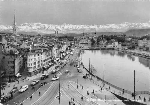 Cartolina Zurich Limmatquai und die Alpen 1955 | Immagine principale