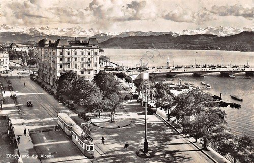 Cartolina Zurich view bus Alpen 1954