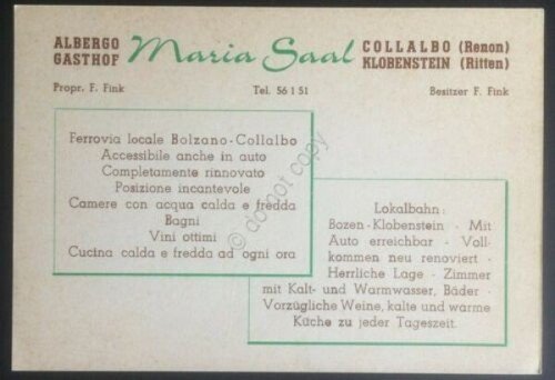 Cartoncino pubblicitario Albergo Maria Sall - Collalbo (Klobenstein)