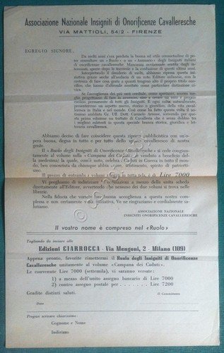 Cedola commissione libraria - Ruolo degli Insigniti Onorificenze Cavalleresche