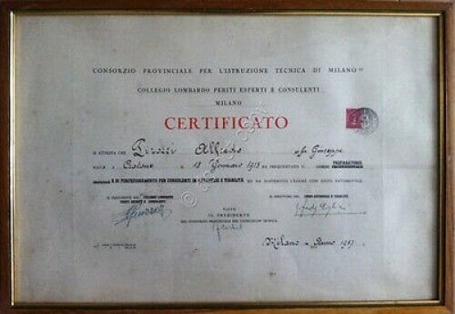 Certificato Collegio Lombardo Periti Esperti e Consulenti - 1957