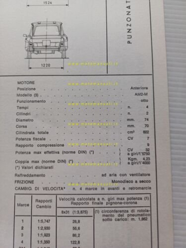 Citroen AMI 8 AM-JD 1969 scheda riconoscimento tipo Motorizzazione Facsimile