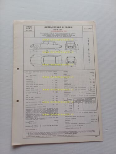 Citroen DS 19 A 1968 scheda riconoscimento tipo Motorizzazione Facsimile