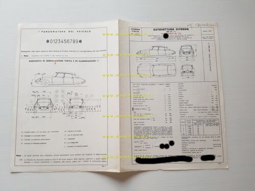 Citroen DS 1971 FACSIMILE scheda riconoscimento tipo Motorizzazione Facsimile